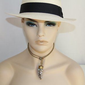 Mosaic Mother-Of-Pearl Brass Horn Necklace. Striking Handcrafted Tibetan